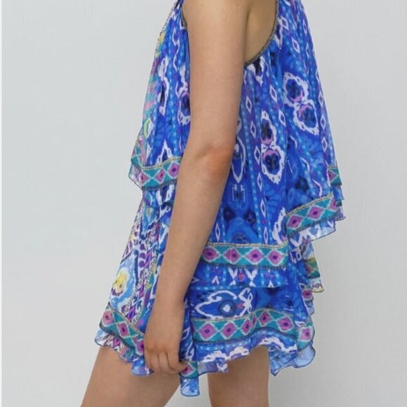 ZARA NWT Royal Blue/Multi Color Aztec Print Swing Asymmetric Mini Skirt Sz Small - Picture 2 of 13